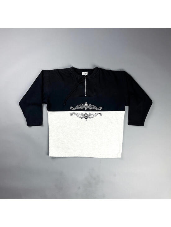 Tops - Vintage Women's Sweatshirt ,90's Black & White Quarter Zip Sweater w/ Embroidery